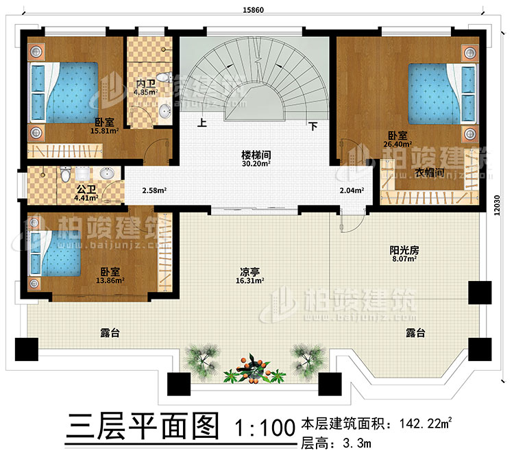 三層：樓梯間、3臥室、衣帽間、公衛(wèi)、內(nèi)衛(wèi)、陽光房、涼亭、2露臺