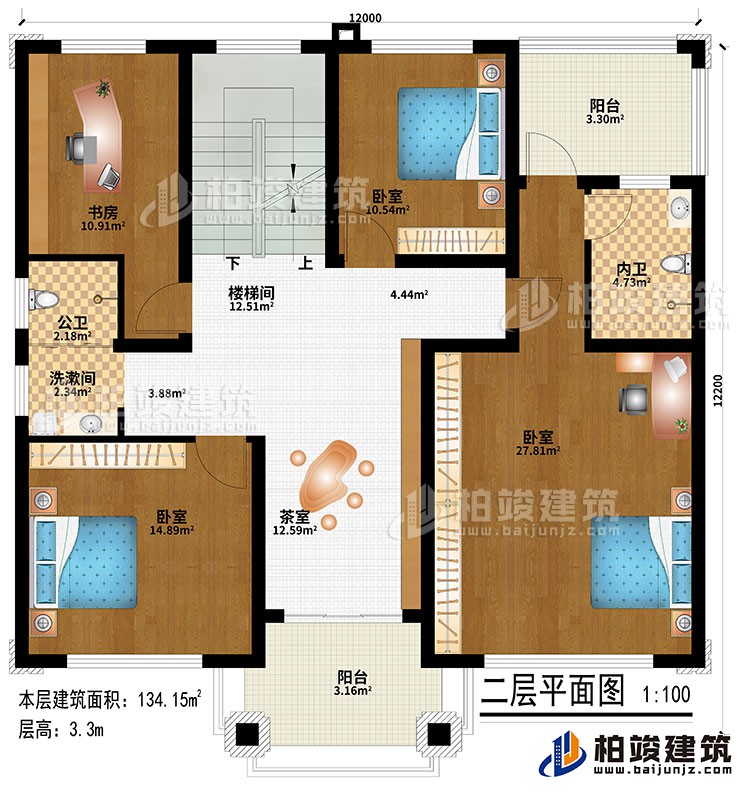 二層：樓梯間、茶室、3臥室、洗漱間、公衛(wèi)、內(nèi)衛(wèi)、2陽臺