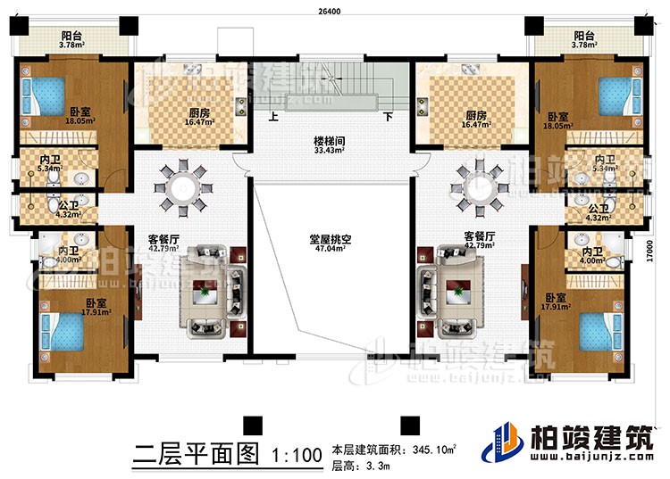 二層：堂屋挑空、樓梯間、2廚房、2客餐廳、4臥室、2公衛(wèi)、4內衛(wèi)、2陽臺