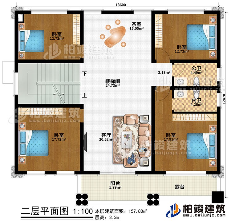 二層：客廳、樓梯間、茶室、4臥室、公衛(wèi)、內(nèi)衛(wèi)、陽臺(tái)、露臺(tái)