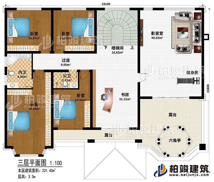 三層：樓梯間、書房、過道、4臥室、公衛(wèi)、內(nèi)衛(wèi)、影音室、健身房、2露臺、六角亭