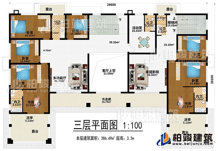三層：多功能廳、客廳上空、家庭影院、6臥室、2書(shū)房、活動(dòng)室、3公衛(wèi)、2內(nèi)衛(wèi)、4露臺(tái)、2涼亭、外走廊、樓梯間