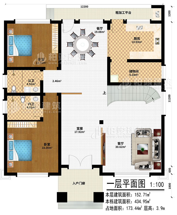 一層：入戶門廊、堂屋、客廳、餐廳、廚房、儲物間、2臥室、公衛(wèi)、內衛(wèi)、粗加工平臺