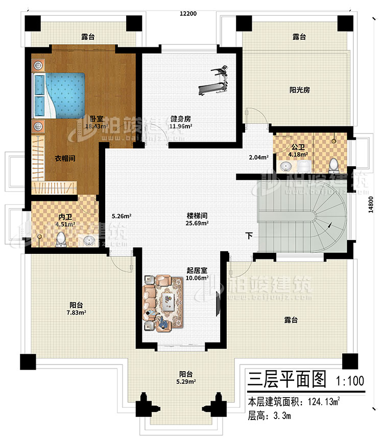 三層：起居室、樓梯間、健身房、陽光房、臥室、衣帽間、內衛(wèi)、公衛(wèi)、2陽臺、3露臺