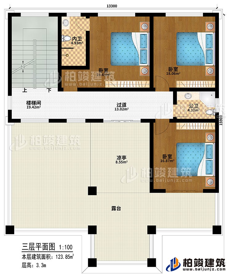三層：樓梯間、過道、3臥室、公衛(wèi)、內(nèi)衛(wèi)、涼亭、露臺