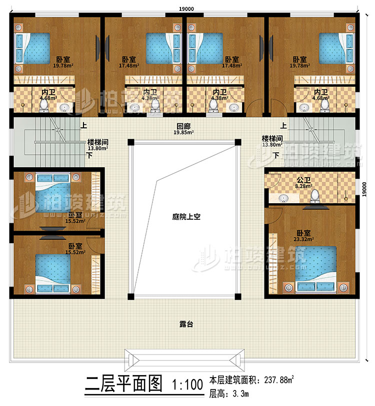 二層：回廊、露臺、庭院上空、2樓梯間、7臥室、4內(nèi)衛(wèi)、公衛(wèi)