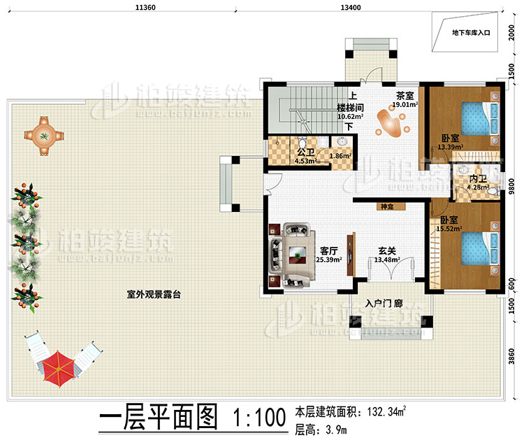 一層：起居室、樓梯間、書房、3臥室、衣帽間、公衛(wèi)、內(nèi)衛(wèi)、陽臺(tái)