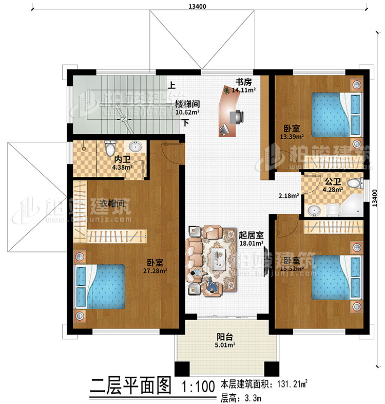二層：室外觀景露臺(tái)、地下車庫入口、入戶門廊、玄關(guān)、客廳、神龕、茶室、樓梯間、2臥室、公衛(wèi)、內(nèi)衛(wèi)