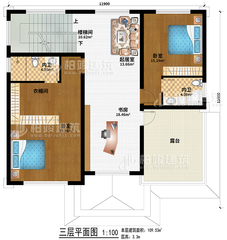 三層：2臥室、起居室、樓梯間、衣帽間、書房、2內(nèi)衛(wèi)、露臺(tái)