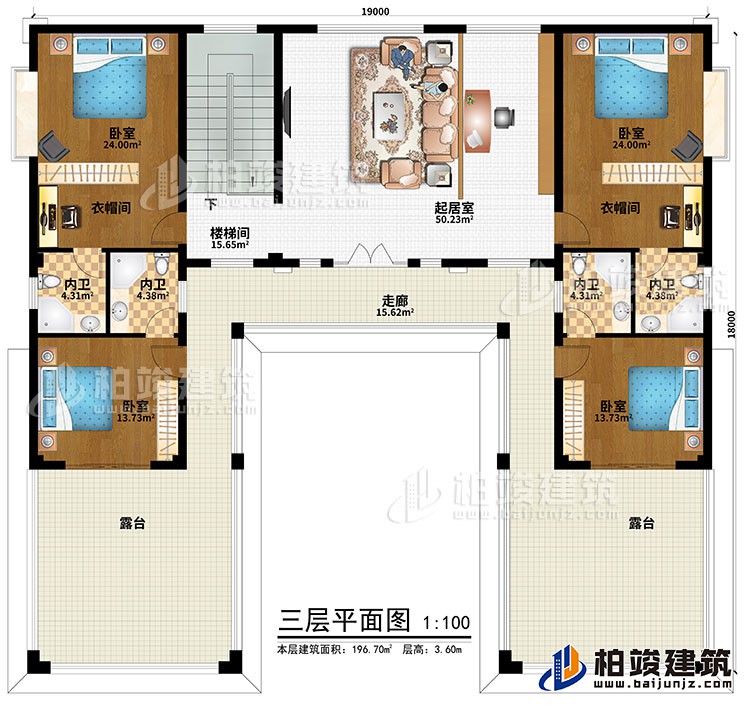三層：樓梯間、起居室、走廊、4臥室、4內(nèi)衛(wèi)、2露臺
