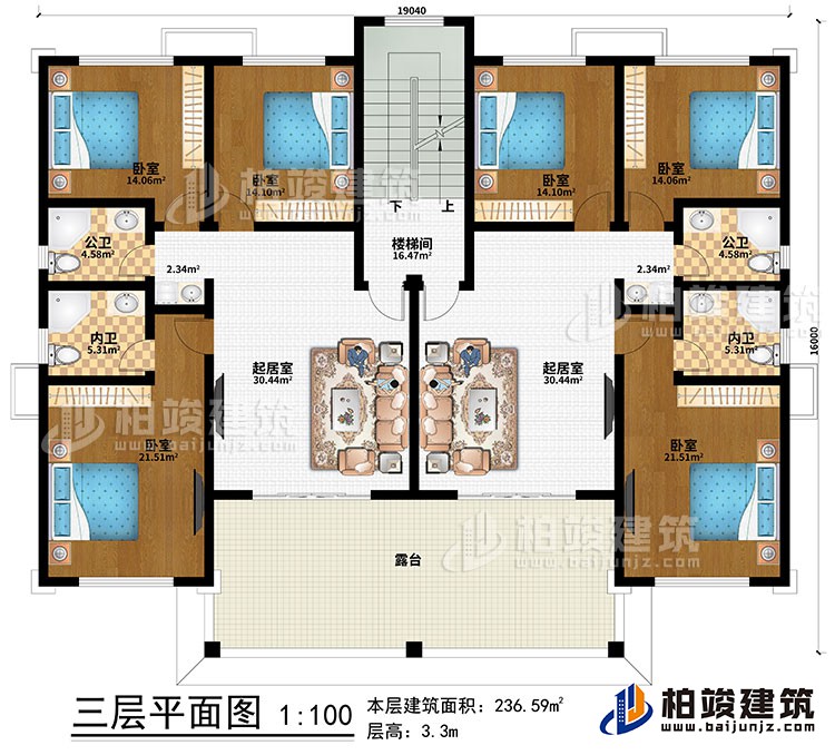 三層：2起居室、樓梯間、6臥室、2公衛(wèi)、2內(nèi)衛(wèi)、露臺