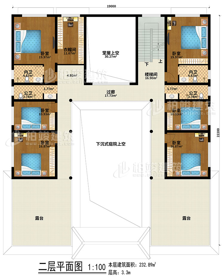 二層：下沉式庭院上空、堂屋上空、樓梯間、過(guò)廊、6臥室、衣帽間、2公衛(wèi)、2內(nèi)衛(wèi)、露臺(tái)