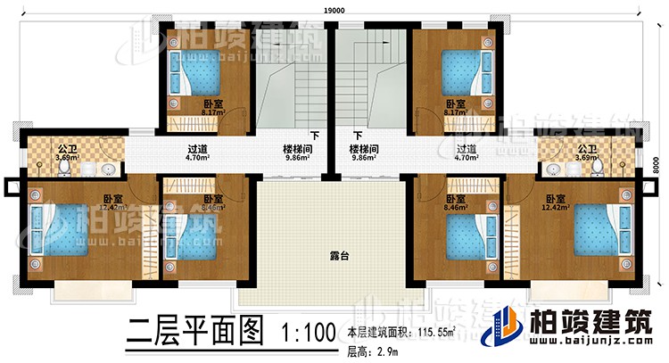 二層：2樓梯間、6臥室、2公衛(wèi)、2過道、露臺