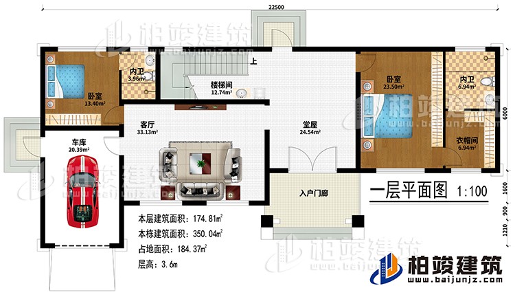 一層:入戶門廊、堂屋、客廳、車庫、樓梯間、2臥室、衣帽間、2內衛(wèi)