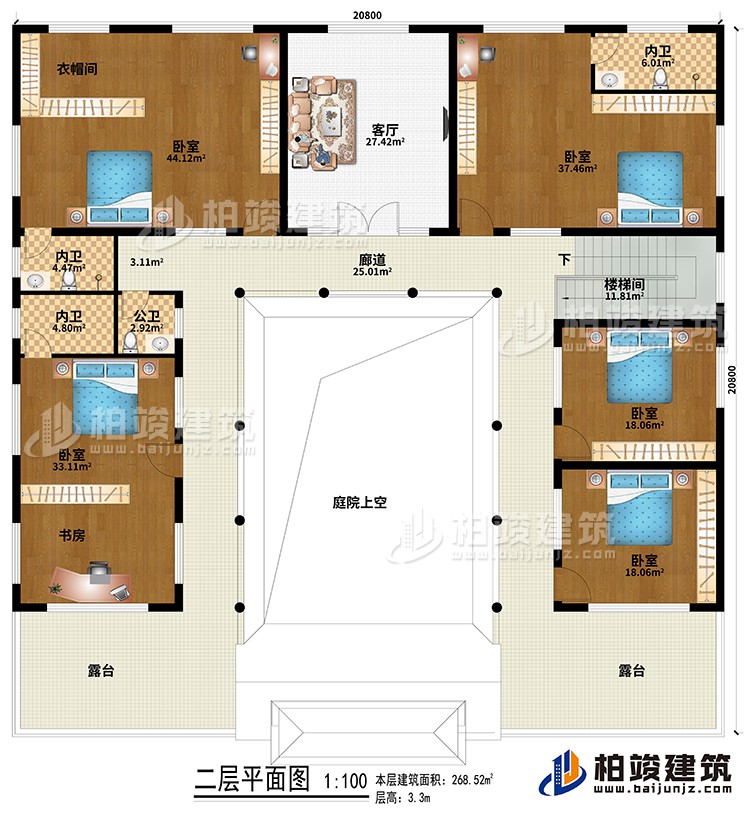 二層：樓梯間、廊道、庭院上空、客廳、5臥室、衣帽間、書房、3內(nèi)衛(wèi)、公衛(wèi)、2露臺(tái)