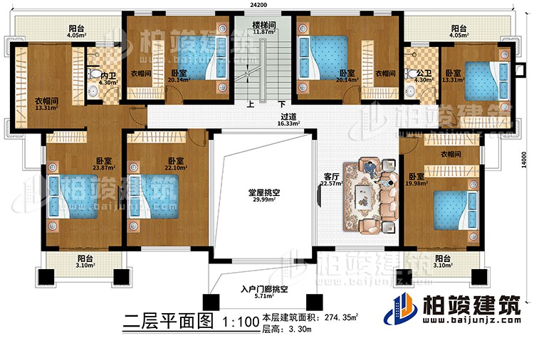 二層：堂屋挑空、入戶門廊挑空、客廳、過道、樓梯間、6臥室、4衣帽間、公衛(wèi)、內(nèi)衛(wèi)、4陽(yáng)臺(tái)
