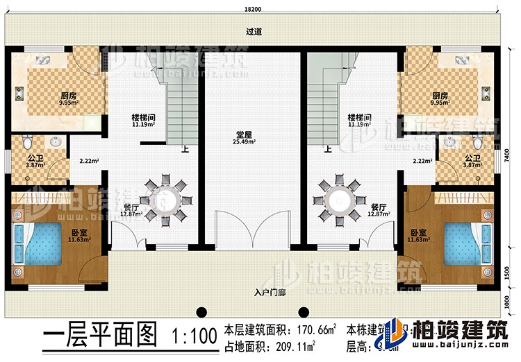 一層：入戶門廊、過道、堂屋、2廚房、2樓梯間、2餐廳、2臥室、2公衛(wèi)