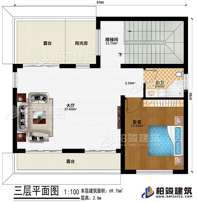 三層：樓梯間、大廳、臥室、公衛(wèi)、陽光房、2露臺