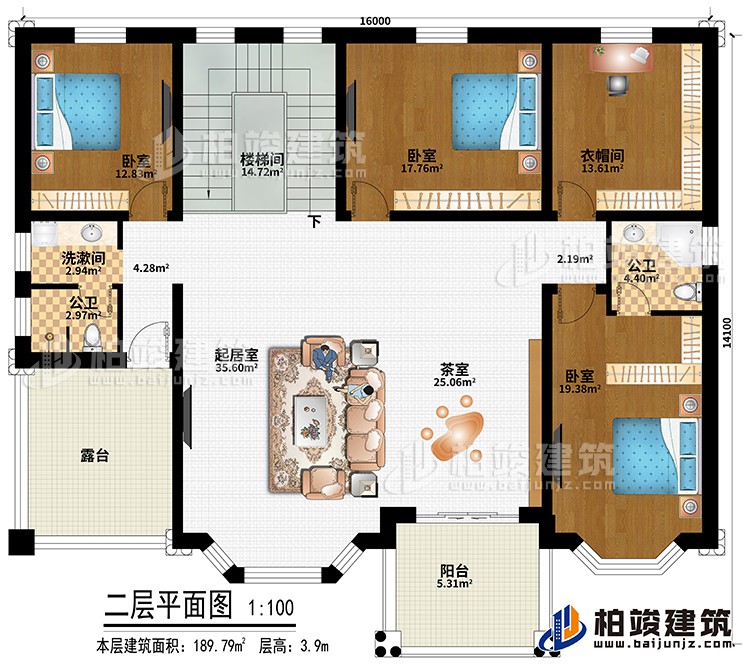 二層：樓梯間、起居室、茶室、3臥室、衣帽間、洗漱間、公衛(wèi)、內(nèi)衛(wèi)、陽臺、露臺