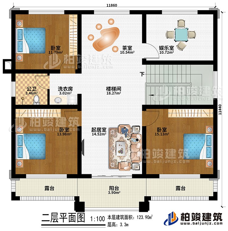 二層：樓梯間、起居室、茶室、3臥室、娛樂室、洗衣房、公衛(wèi)、陽臺、2露臺