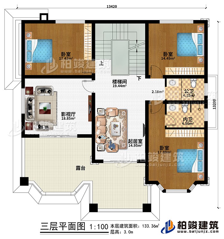 三層：樓梯間、起居室、影視廳、3臥室、公衛(wèi)、內(nèi)衛(wèi)、露臺(tái)