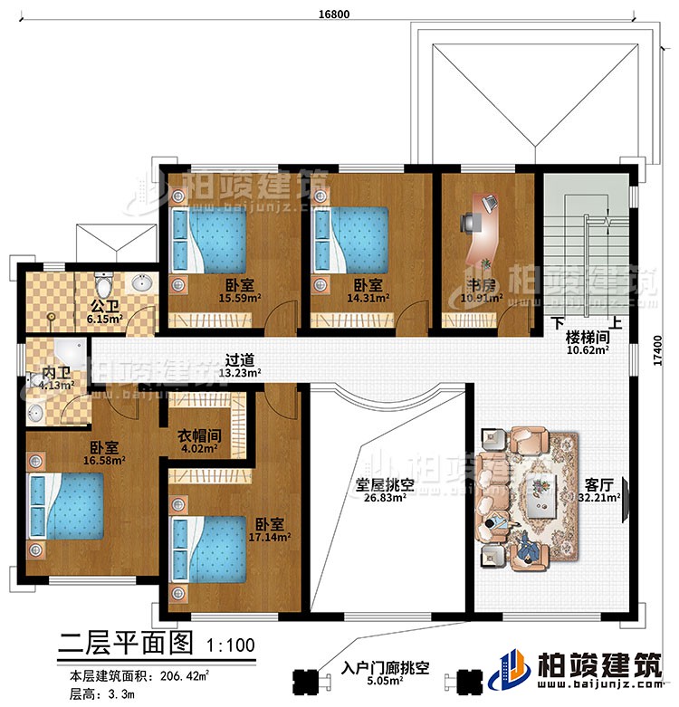二層：樓梯間、客廳、堂屋挑空、入戶門(mén)廊挑空、4臥室、衣帽間、書(shū)房、公衛(wèi)、內(nèi)衛(wèi)
