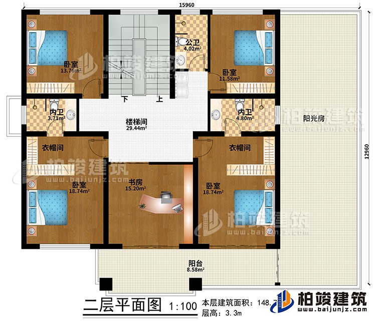 二層：樓梯間、4臥室、書房、2衣帽間、公衛(wèi)、2內(nèi)衛(wèi)、陽(yáng)臺(tái)、陽(yáng)光房