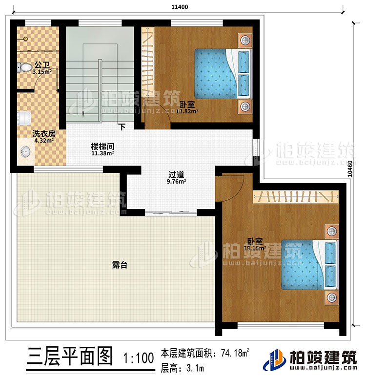 三層：過道、樓梯間、2臥室、公衛(wèi)、洗衣房、露臺