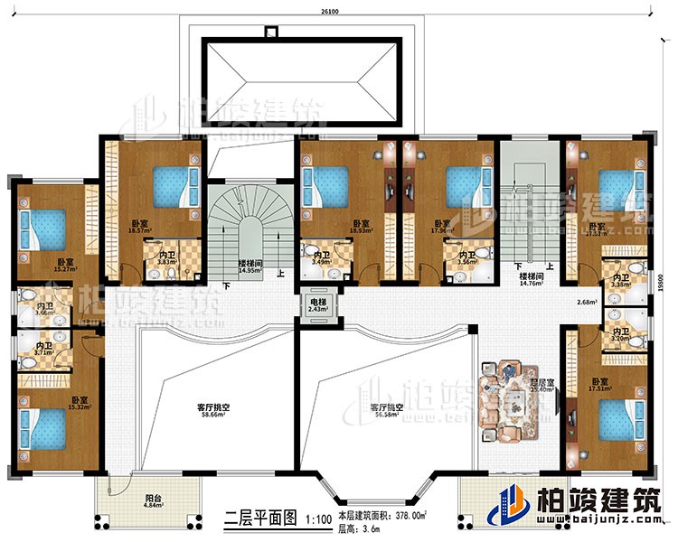 二層：2樓梯間、2客廳挑空、起居室、7臥室、7內(nèi)衛(wèi)、電梯、2陽臺