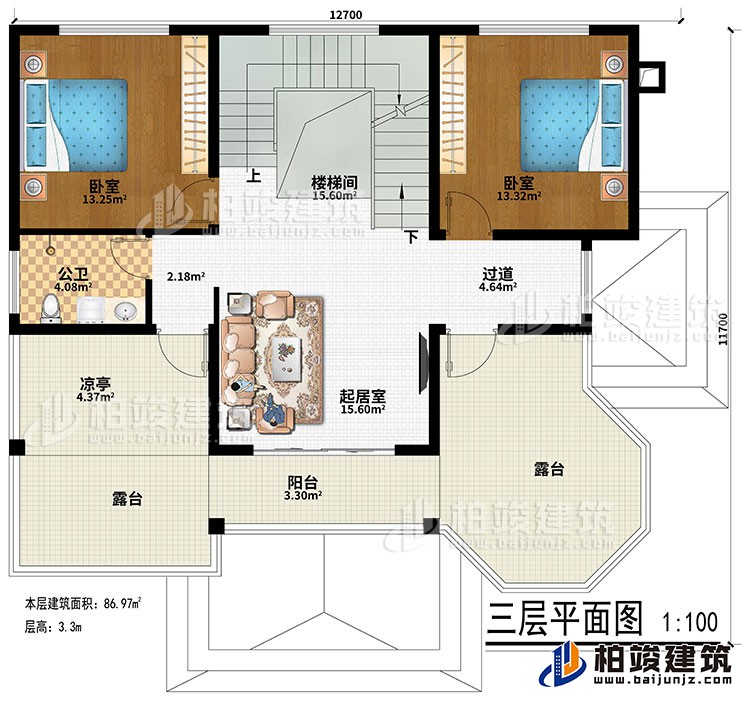 三層：樓梯間、過道、起居室、2臥室、公衛(wèi)、涼亭、陽臺、2露臺