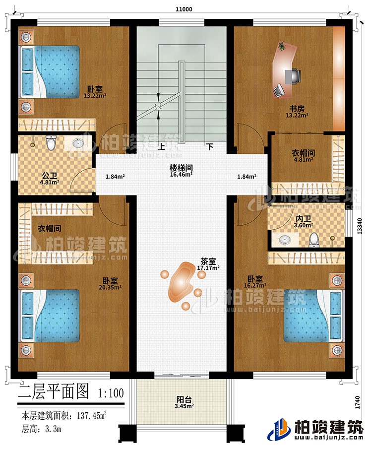 二層：樓梯間、3臥室、2衣帽間、書房、茶室、公衛(wèi)、內(nèi)衛(wèi)、陽臺(tái)