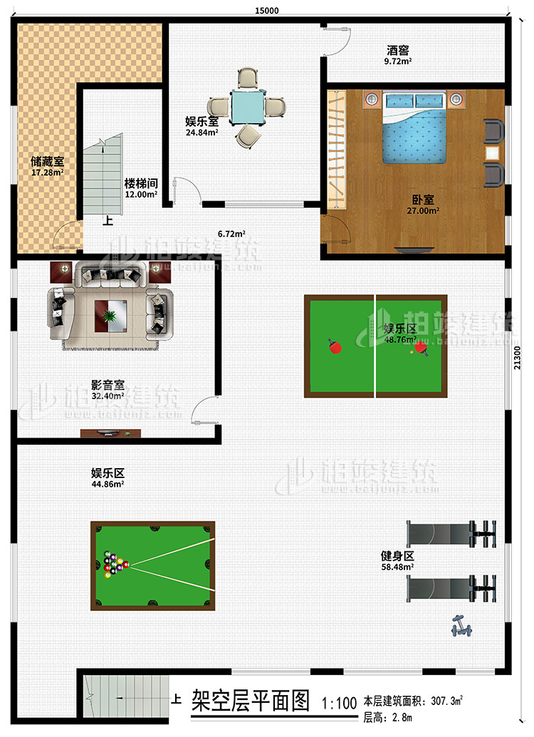 架空層：儲(chǔ)藏室、樓梯間、娛樂室、酒窖、臥室、影音室、2娛樂區(qū)、健身區(qū)