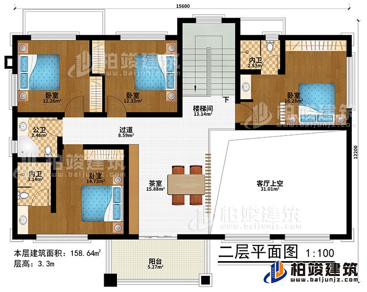 二層：樓梯間、茶室、客廳上空、4臥室、過道、公衛(wèi)、2內(nèi)衛(wèi)、陽臺(tái)