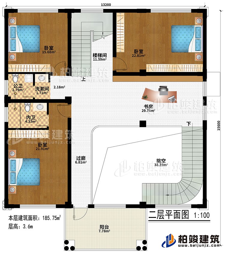 二層：挑空、過道、書房、樓梯間、3臥室、洗漱間、公衛(wèi)、內(nèi)衛(wèi)、陽臺
