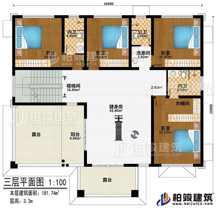 三層：樓梯間、健身房、4臥室、洗漱間、公衛(wèi)、內(nèi)衛(wèi)、陽(yáng)臺(tái)、2露臺(tái)
