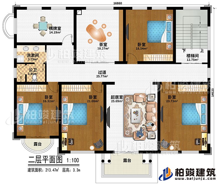 二層：樓梯間、起居室、過(guò)道、茶室、棋牌室、4臥室、洗漱間、公衛(wèi)、2露臺(tái)