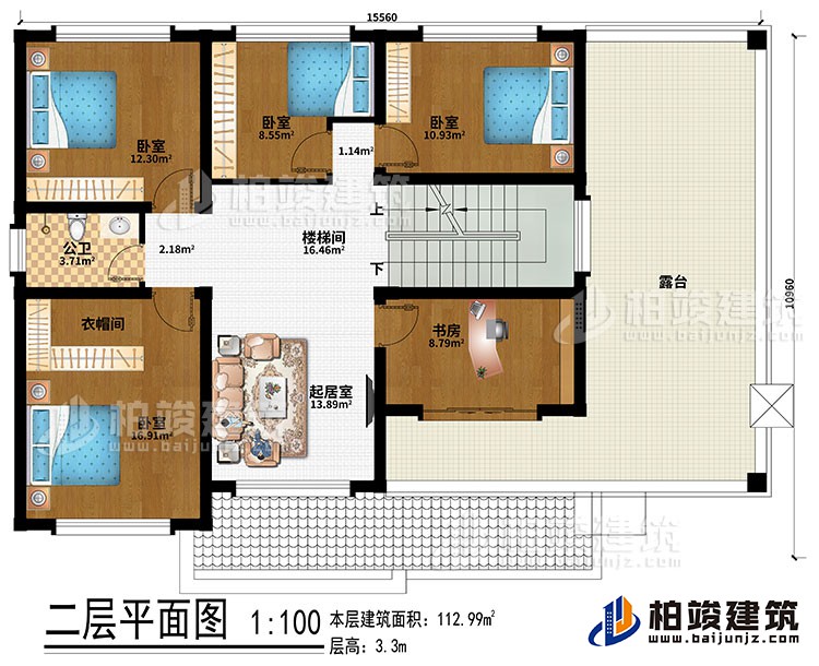 二層：樓梯間、起居室、4臥室、衣帽間、書房、公衛(wèi)、露臺