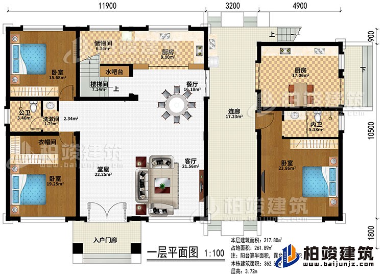一層：入戶門廊、堂屋、客廳、餐廳、2廚房、儲物間、水吧、3臥室、衣帽間、洗漱間、公衛(wèi)、內(nèi)衛(wèi)、樓梯間